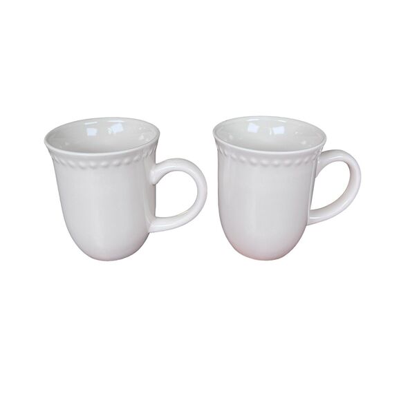 Coffee Mugs Set of 2 Unique Beaded Rim White Stoneware Cups 12 oz Casual Dining - Picture 1 of 6